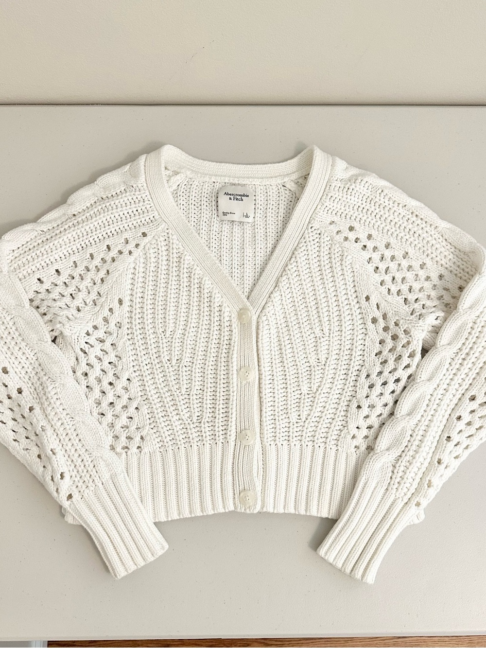 Abercrombie & Fitch Cream Cable Knit Crochet Cardigan Sweater Size Large